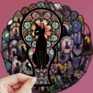 NIP! 100 Pieces of Black Cat in Front of Stained Glass Stickers!
